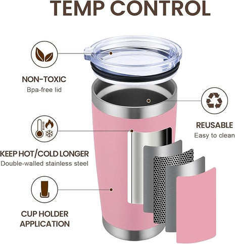 MEWAY 20oz Tumbler Cup Double Wall Vacuum Insulated Travel Mug Bulk, Stainless Steel Tumblers with Lid and Straw, Durable Powder Coated Coffee Cups for Cold & Hot Drinks (Pink, 1)