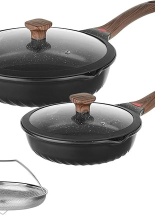 Vinchef Non Stick Frying Pans Set,10" & 12" Ceramic Pan with Lid, Deep Frying Pan & Saute Skillet, PFAS PFOA & PTFE Free, Visual Heat Indicator, Induction Ready, Frying Pans Nonstick Skillet with Lid