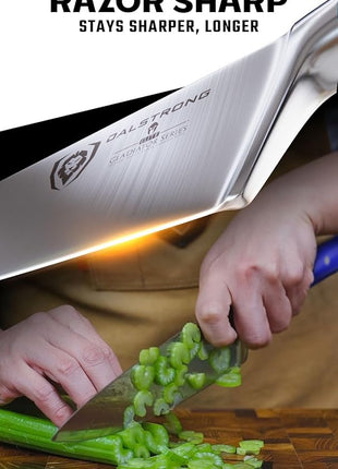 DALSTRONG Chef Knife - 8 inch Blade - Gladiator Series - Forged High Carbon German Steel - Razor Sharp Kitchen Knife - Professional Full Tang Knives - Blue Handle ABS - Sheath - NSF Certified
