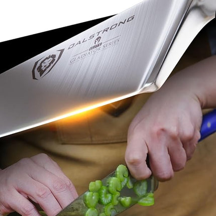 DALSTRONG Chef Knife - 8 inch Blade - Gladiator Series - Forged High Carbon German Steel - Razor Sharp Kitchen Knife - Professional Full Tang Knives - Blue Handle ABS - Sheath - NSF Certified