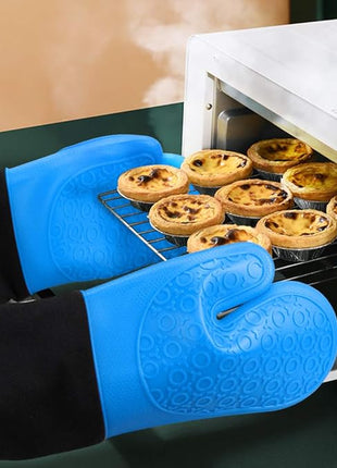 sungwoo Extra Long Silicone Oven Mitts, Heat Resistant Oven Gloves with Quilted Liner Non-Slip Textured Grip Perfect for BBQ, Baking, Cooking and Grilling - 1 Pair 14.6 Inch Blue & Black