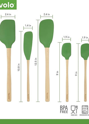 Tovolo Silicone Spatula with Wooden Handle Set of 5 Piece Silicone Kitchen Utensil Set Spoonula Jar Scraper Mini Spatula and Spoonula for Cooking Baking Mixing Folding Pesto Green