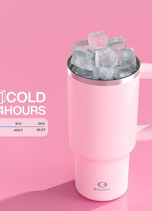 32 oz Tumbler with Handle and Straw: Stainless Steel Insulated Tumbler Keeps Cold for 24 Hours, Leakproof Travel Cup Fits in Cup Holder and BPA-Free, Cotton Candy