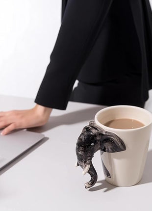 IYARA CRAFT 3D Elephant Coffee Mug 11oz - Handle is Sculpted Trunk, Cute Wildlife Design, Quality Ceramic, Microwave & Dishwasher Safe, Ideal for Tea & Hot Chocolate, 4.5" x 5"… (Black trunk down)