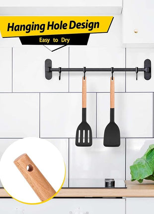 Pack of 2 Silicone Cooking Spatula, Heat Resistant Solid Turner, Non Stick Slotted Spatulas with Wooden Short Handle,Ideal Wood Kitchen Utensils Set for Frying, Baking, Flipping, Turning