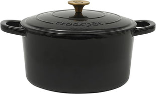 Crock Pot Artisan 7-Quart Round Cast Iron Dutch Oven with Lid – Black Enamel Finish, Gold Knob, Durable Heavy-Duty Cookware for Slow Cooking, Baking, and Roasting