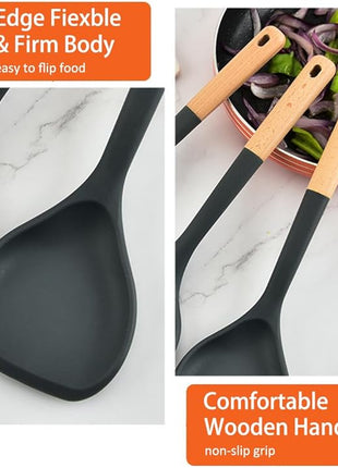 Wok Spatula, Silicone Wok Spatula Turner with Heat Resistant Wooden Handle, Kitchen Utensil Cooking Shovel Scoop Ladle for Scooping, Flipping, Stirring, Durable BPA-free Nonstick Cooking, 13.2Inch