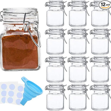 SPANLA Spice Jars, 12 Pack 4oz Small Glass Jars with Airtight Hinged Lid, With 12 Spice Labels & Silicone Funnels, Airtight Glass Jars for Spices, Art Craft Storage (12 Pack)