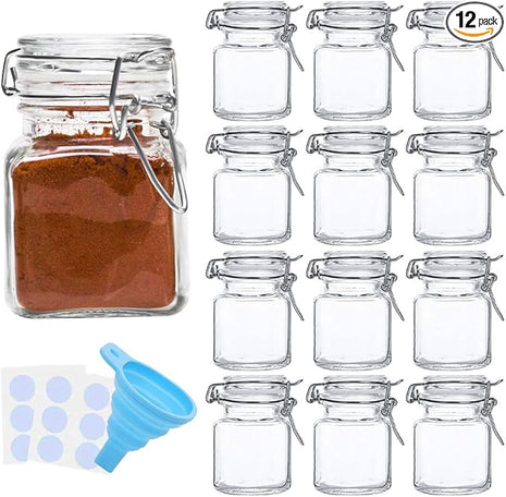 SPANLA Spice Jars, 12 Pack 4oz Small Glass Jars with Airtight Hinged Lid, With 12 Spice Labels & Silicone Funnels, Airtight Glass Jars for Spices, Art Craft Storage (12 Pack)