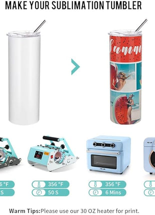 PYD Life Sublimation Blanks Skinny Tumbler White 20 OZ Straight Stainless Steel with Metal Straw for Mug Tumbler Heat Press Machine Sublimation Printing 4 Pack