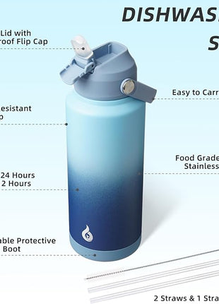 BJPKPK Water Bottle with Straw Lid, 32oz Vacuum Insulated Water Bottles, Metal Stainless Steel Thermo for Sports, Travel, BPA Free Leak Proof Thermo, Cups, Flasks, Tumblers,Sky