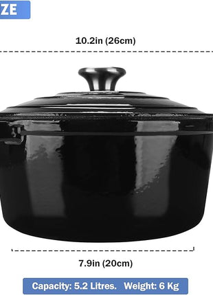 Puricon 5.5 Quart Enameled Cast Iron Dutch Oven with Lid, 5.5 QT Deep Round Dutch Oven Pot with Dual Handles -Black