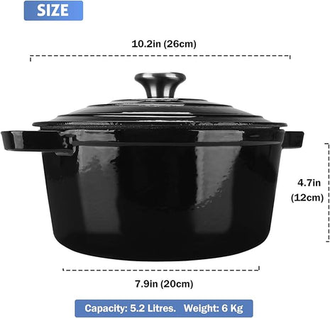 Puricon 5.5 Quart Enameled Cast Iron Dutch Oven with Lid, 5.5 QT Deep Round Dutch Oven Pot with Dual Handles -Black