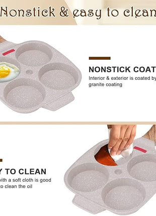 Egg Pan Fried Egg Pan, Egg Frying Pan with Lid Nonstick 4 Cups Pancake Pan Aluminium Alloy Cooker for Breakfast, Gas Stove & Induction Compatible (White)
