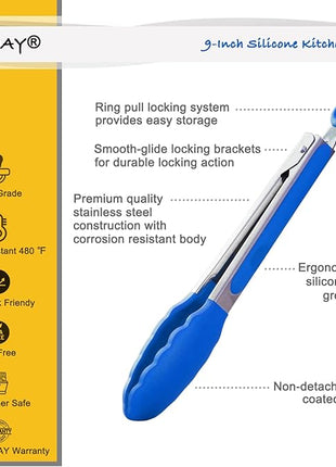 9-Inch Cooking Tongs with Silicone Tips, Set of 3 (Blue)