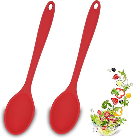 2 Pcs Silicone Spoons for Cooking Heat Resistant, Hygienic Design Cooking Utensi Mixing Spoons for Kitchen Cooking Baking Stirring Mixing Tools (Red)