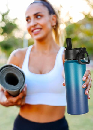 Volhoply 18oz Kids Insulated Water Bottle,Stainless Steel Water Bottles with Straw Lid,Wide Mouth Reusable Metal Sports Water Flask,Double Wall Vacuum Travel Cups For Cold Drink(Dark Night,1 Set)