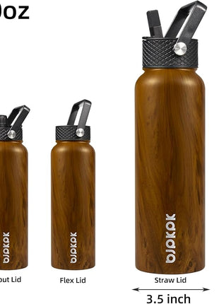 BJPKPK Insulated Water Bottles with Straw Lid, 40oz Stainless Steel Water Bottles with 3 Lids, BPA Free Leakproof Thermo, Tumblers, Cups for Sports, Gym- Teakwood