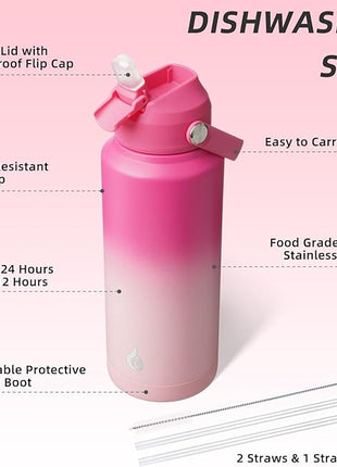 BJPKPK Water Bottle with Straw Lid, 32oz Vacuum Insulated Water Bottles, Metal Stainless Steel Thermo for Sports, Travel, BPA Free Leak Proof Thermo, Cups, Flasks, Tumblers,Cherry