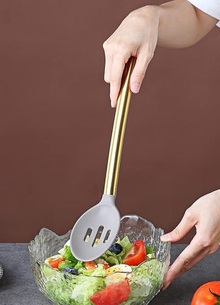 Berglander Non-stick Silicone Slotted Spoon, Titanium Gold Plated Handle, Basting Spoon, Dishwasher Safe, Easy to Clean