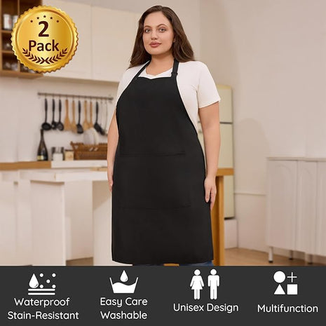 2 Pcs Plus Size Chef Apron, Unisex Professional Apron with 2 Pockets for Cooking, Work, Baking (Larger Size)