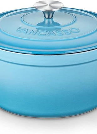 vancasso 7.5 QT Enameled Cast Iron Dutch Oven with Lid - Nonstick Enamel Coating, Tight-Sealing Pot for Bread Baking, Braising, Soups & Stews, Oven/Stovetop/Grill Safe, Blue