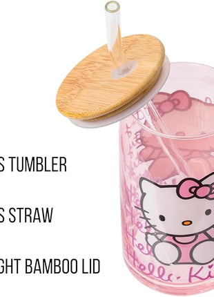 Silver Buffalo Sanrio Hello Kitty Waving Pink Glass Jar Tumbler with Bamboo Lid and Glass Straw, 16 Ounces