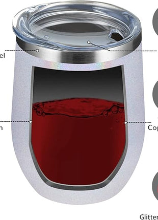 MEWAY 12oz/8 Pack Wine Tumbler Glasses with Lid - Stemless Double Wall Vacuum Stainless Steel Glitter Tumbler - Keeping Cold & Hot Cup for Coffee,Gift for Women(Rainbow White,Set of 8)