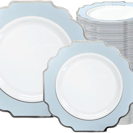 " OCCASIONS " 240 Plates Pack (120 Guests) Heavyweight Wedding Party Disposable Plastic Plates Set -120 x 10.5'' Dinner + 120 x 8'' Salad/Dessert Plate (Imperial in White/Blue & Silver)