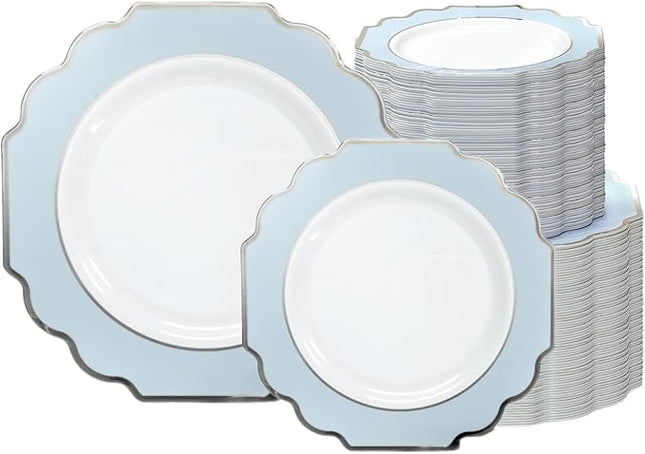 " OCCASIONS " 240 Plates Pack (120 Guests) Heavyweight Wedding Party Disposable Plastic Plates Set -120 x 10.5'' Dinner + 120 x 8'' Salad/Dessert Plate (Imperial in White/Blue & Silver)