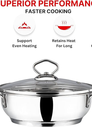 Vinod Stainless Steel Kadai with Glass Lid Extra Thick SAS Heavy Base Kadai for Cooking Induction and Gas Compatible 125 oz 10.14 in 2-Year Silver
