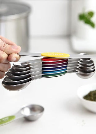 Spring Chef Stainless Steel Magnetic Measuring Spoons Set with Strong Magnets, Heavy Duty Metal Kitchen Essentials - Fits in Most Kitchen Spice Jars, Multicolor, Set of 8 with Leveler