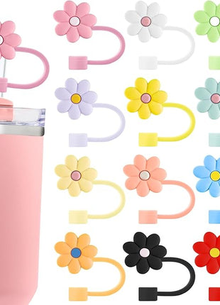 Velaco 12PCS Silicone Straw Covers Cap Compatible with Stanley 30&40 Oz Cup, 10mm Cute Flower Straw Toppers for Tumblers, Dust-Proof Drinking Straw Caps for Reusable Straws Tips Lids