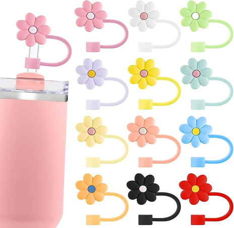 Velaco 12PCS Silicone Straw Covers Cap Compatible with Stanley 30&40 Oz Cup, 10mm Cute Flower Straw Toppers for Tumblers, Dust-Proof Drinking Straw Caps for Reusable Straws Tips Lids