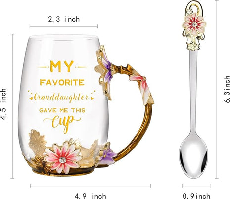 OEAGO Grandma Gifts from Granddaughter Tea Cup Birthday Grandparent Gifts Mothers Day Enamel Flower Glass Mugs from Grandkids Grandchildren