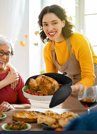 AUAUY Black Double Oven Mitts, 250°C/482°F Heat Resistant BBQ Mittens with Ropes, Silicone Non-Slip Design Kitchen Mittens, Cooking Glove Top Kitchen Gadgets for Cooking Baking Grilling