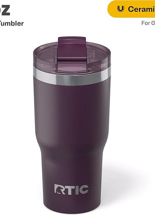 RTIC 20oz Essential Tumbler with Lid, Ceramic Lined, Insulated, Stainless Steel, Metal, Double Wall Vacuum-Insulation, Travel Cup for Iced Coffee, Tea, Hot and Cold Drink, Plum