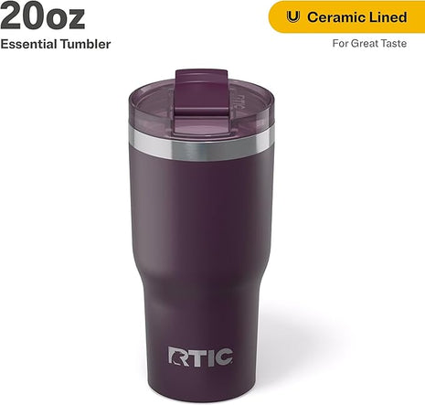 RTIC 20oz Essential Tumbler with Lid, Ceramic Lined, Insulated, Stainless Steel, Metal, Double Wall Vacuum-Insulation, Travel Cup for Iced Coffee, Tea, Hot and Cold Drink, Plum