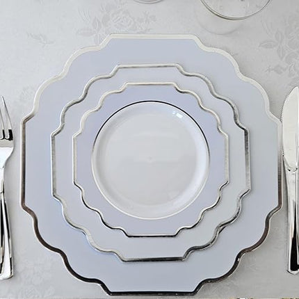 " OCCASIONS " 120 Plates Pack,(60 Guests) Heavyweight Premium Wedding Party Disposable Plastic Plates Set -60 x 10.5'' Dinner + 60 x 8'' Salad/Dessert (Imperial in White/Blue & Silver)