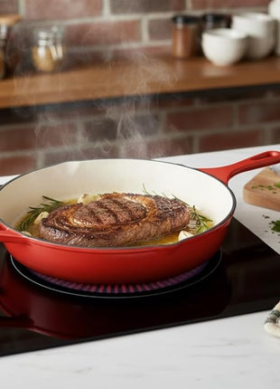 Hamilton Beach Enameled Cast Iron Fry Pan 8-Inch Red, Cream Enamel coating, Skillet Pan For Stove top and Oven, Even Heat Distribution, Safe Up to 400 Degrees, Durable