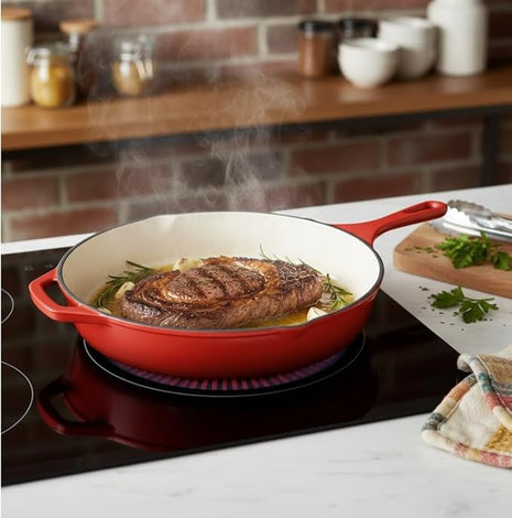 Hamilton Beach Enameled Cast Iron Fry Pan 8-Inch Red, Cream Enamel coating, Skillet Pan For Stove top and Oven, Even Heat Distribution, Safe Up to 400 Degrees, Durable