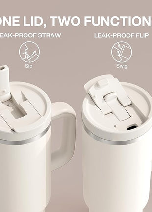 40 oz Tumbler with Handle and Straw: Stainless Steel Insulated Tumbler Keeps Cold for 24 Hours, Leakproof Travel Cup Fits in Cup Holder and BPA-Free, Cream Moon