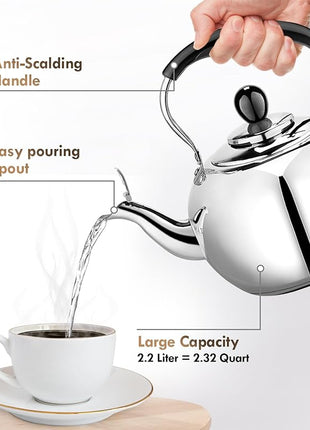 Dclobtop Whistling Tea Kettle Stovetop - 2.3 Quart Round Tea Pot for Stovetop, Silver Mirror Polished Classic Stovetop Kettle, Food Grade Material Teapot for Stove Top