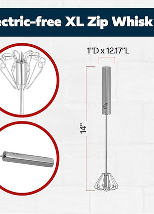 14 Inch Stainless Steel Hand Whisk - Durable & Easy to Use Push-Down Zip Whisker - Rotary Hand Mixer for Beating Eggs, Frothing Milk, Blending, Mixing, Whipping Smoothies & Shakes - Kitchen Tools