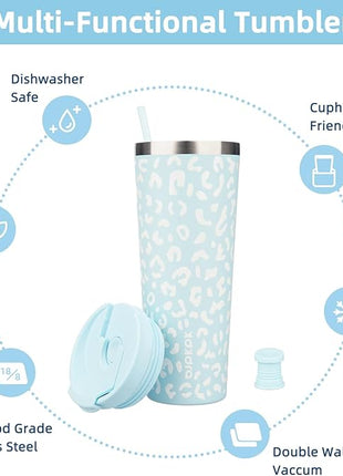 BJPKPK 26oz Tumbler With lid And Straw Stainless Steel Travel Coffee Mug Insulated Tumblers Cups,Light Blue Leopard