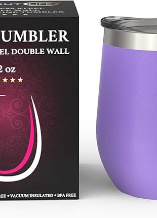 CHILLOUT LIFE 12 oz Stainless Steel Wine Tumbler with Lid - Double Wall Vacuum Insulated Wine Cup Glass Keeping Cold & Hot for Coffee, Champagne, Cocktails, Ice Cream - Powder Coated Purple