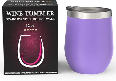 CHILLOUT LIFE 12 oz Stainless Steel Wine Tumbler with Lid - Double Wall Vacuum Insulated Wine Cup Glass Keeping Cold & Hot for Coffee, Champagne, Cocktails, Ice Cream - Powder Coated Purple