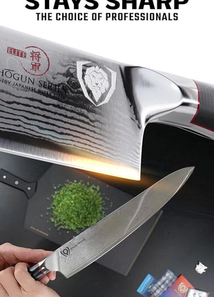 Dalstrong Chef Knife - 9.5 inch Blade - Shogun Series ELITE - Damascus - Japanese AUS-10V Super Steel - Black G10 Handle - Razor Sharp Kitchen Knife - Professional Full Tang Chef's Knife - Sheath