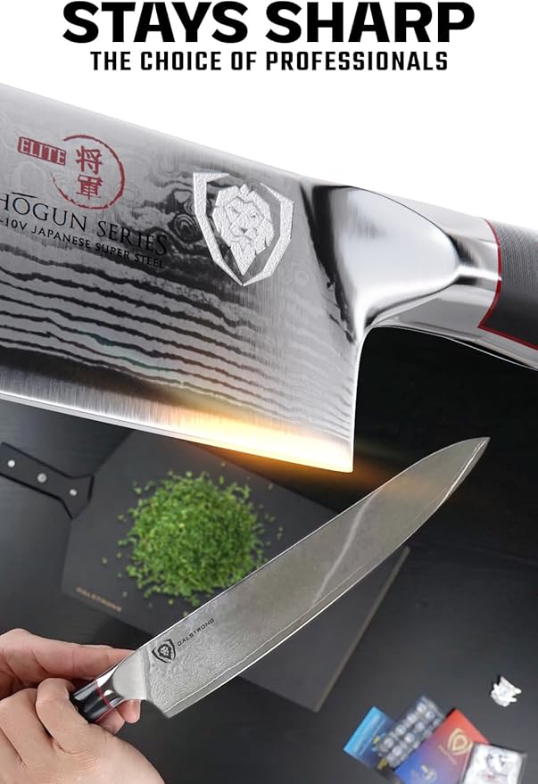 Dalstrong Chef Knife - 9.5 inch Blade - Shogun Series ELITE - Damascus - Japanese AUS-10V Super Steel - Black G10 Handle - Razor Sharp Kitchen Knife - Professional Full Tang Chef's Knife - Sheath