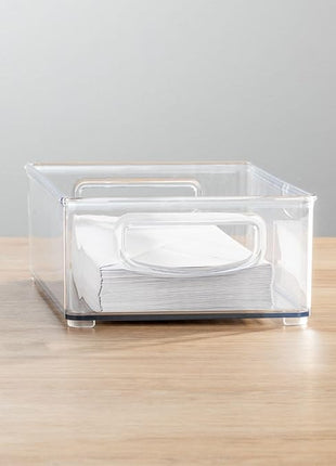 mDesign Small Plastic Office Storage Container Bins w/Handles for Organization in Filing Cabinet, Closet Shelf, Desk Drawers, Organizer for Notes, Pens, Pencils - Ligne Collection, 2 Pack - Clear